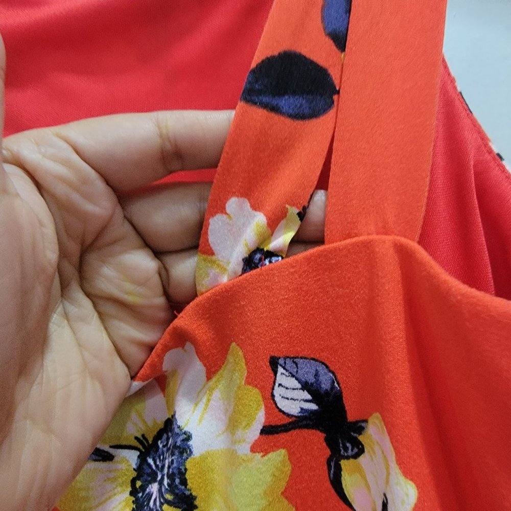 New SZ XS dress IZ Byer Orange Floral Double Strapped Sundress Red stretch Midi - Picture 5 of 7